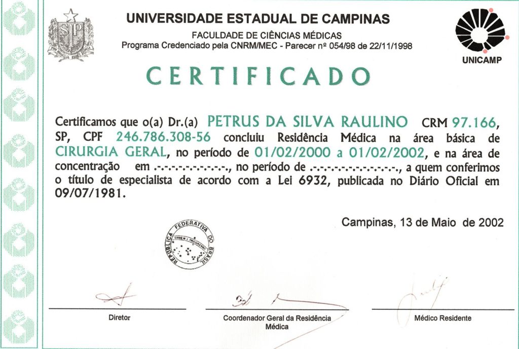 2002 - UNICAMP - Residência Médica em Cirurgia Geral