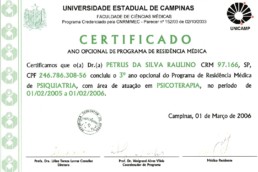 2006 - UNICAMP - Medical Residency in Psychiatry - Psychotherapy